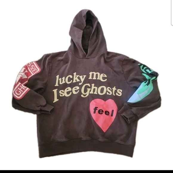 Doncare Mens Gray Lucky I See Ghosts Kids See Ghosts West Rapper Hoodie L - Picture 4 of 11